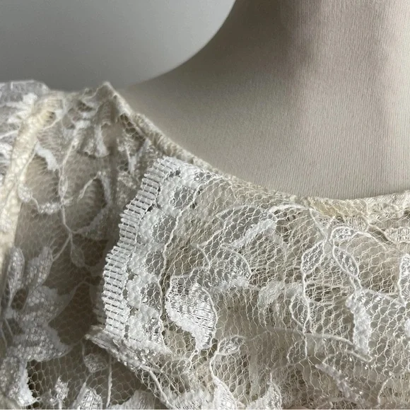 Vintage 60s Cream Wedding Dress ILGWU Drop Waist Bow Satin Lace Hi Lo Size Small - Picture 3 of 12